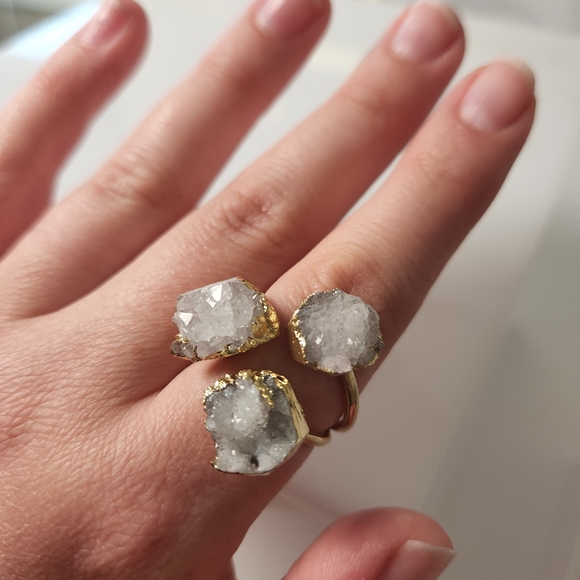 Triple Stone Druzy Quartz Adjustable Gold-Plated Ring - Picture 2 of 5
